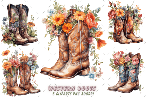 Cute Western Boots Floral Watercolor Art