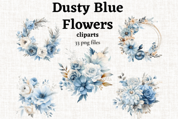 Dusty Blue Flowers Clipart Set 33 PNGs: Elevating Modern Design with Elegant Botanical Art