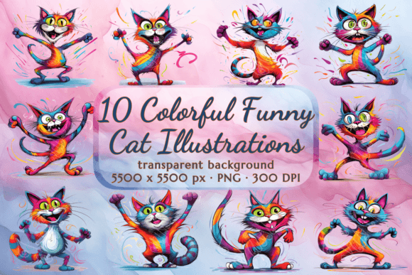 Funny Cat Clipart Cartoon Colorful Cats