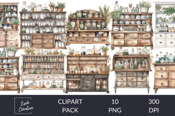 Herbalist Apothecary Cabinets Clipart: Elevating Modern Design with Whimsical Detail