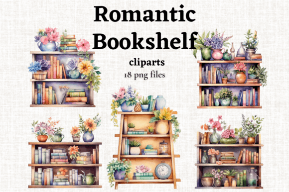 Immerse Your Designs in the Enchanting World of the Romantic Bookshelf Clipart Bundle
