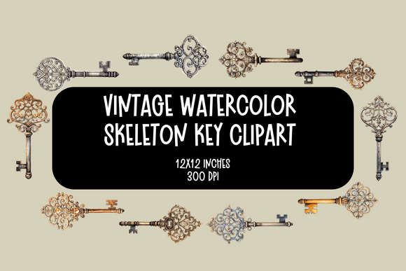 Vintage Watercolor Skeleton Keys Clipart