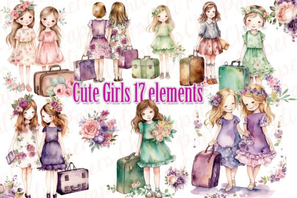 Watercolor Cute Girls Clipart Travel Png