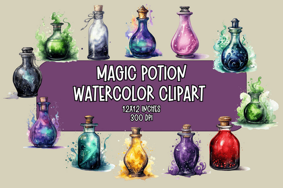 Watercolor Magic Potion Bottles Clipart