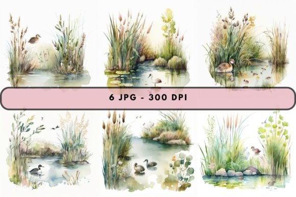 Watercolor Tranquil Wetland with Cattail: A Versatile Digital Background for Creative Projects